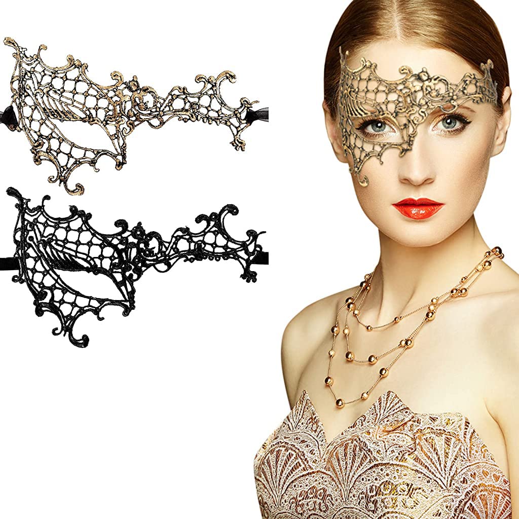 PATPAT 2Pcs Masquerade Masks Lace Eye Mask, Women Halloween Mask Lady Girl Party Mask for Party Masquerade Costume Halloween (Black & Gold) PATPAT 2Pcs Masquerade Masks Lace Eye Mask, Women Halloween Mask Lady Girl Party Mask for Party Masquerade Costume Halloween (Black & Gold)
